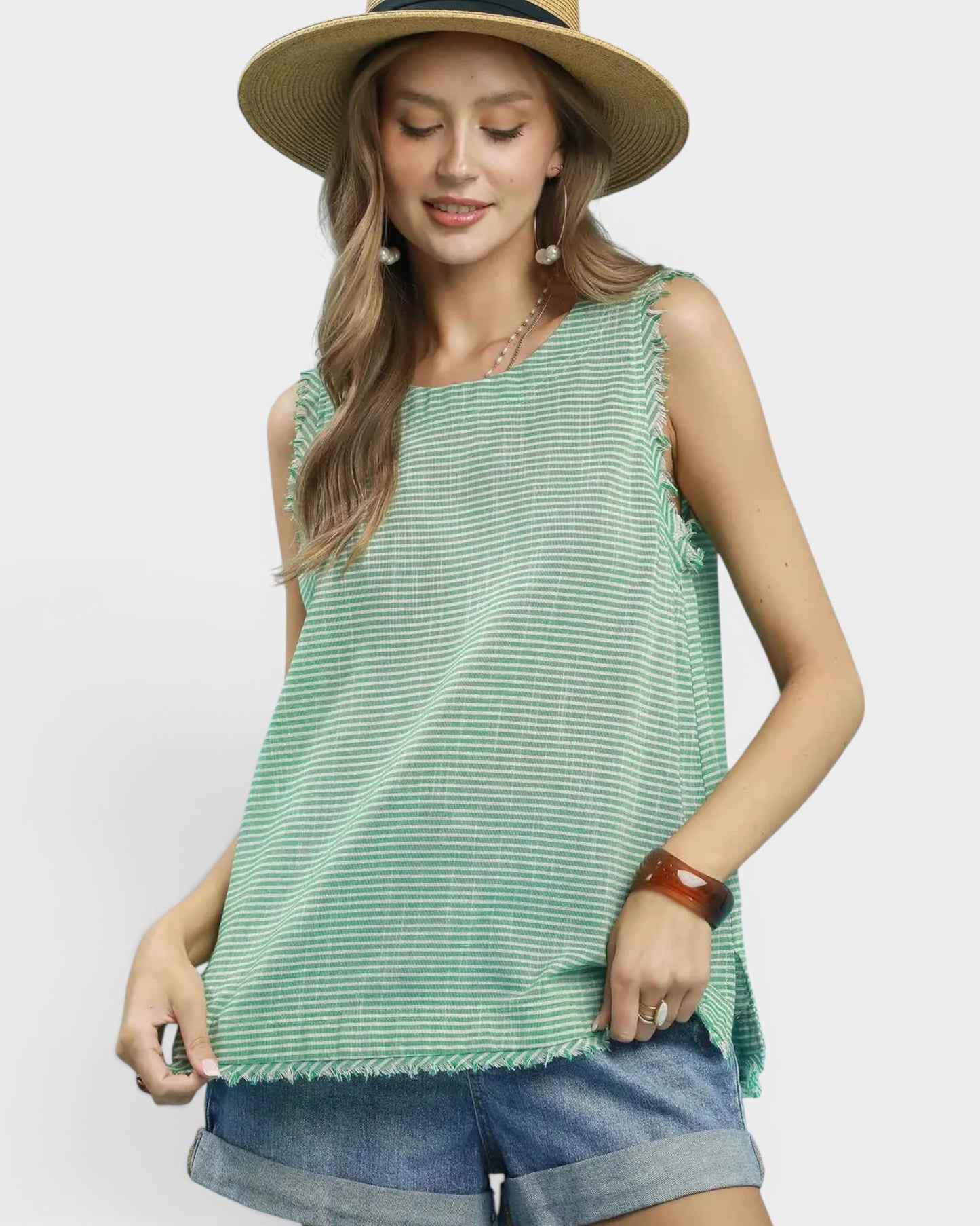 Green Stripe Linen Blend Sleeveless Top
