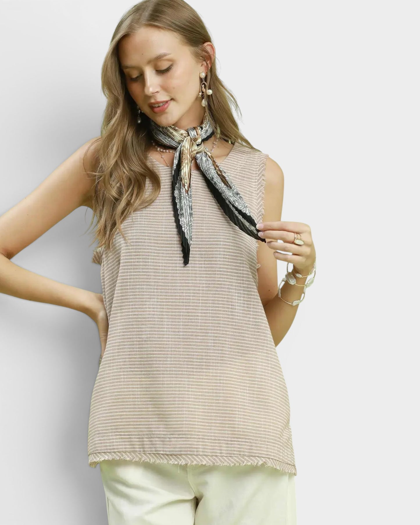 Taupe Stripe Linen Blend Sleeveless Top