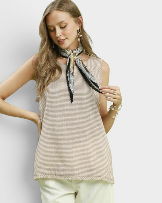 Taupe Stripe Linen Blend Sleeveless Top