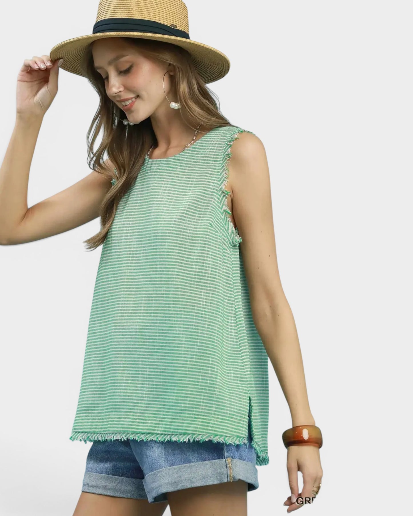 Green Stripe Linen Blend Sleeveless Top