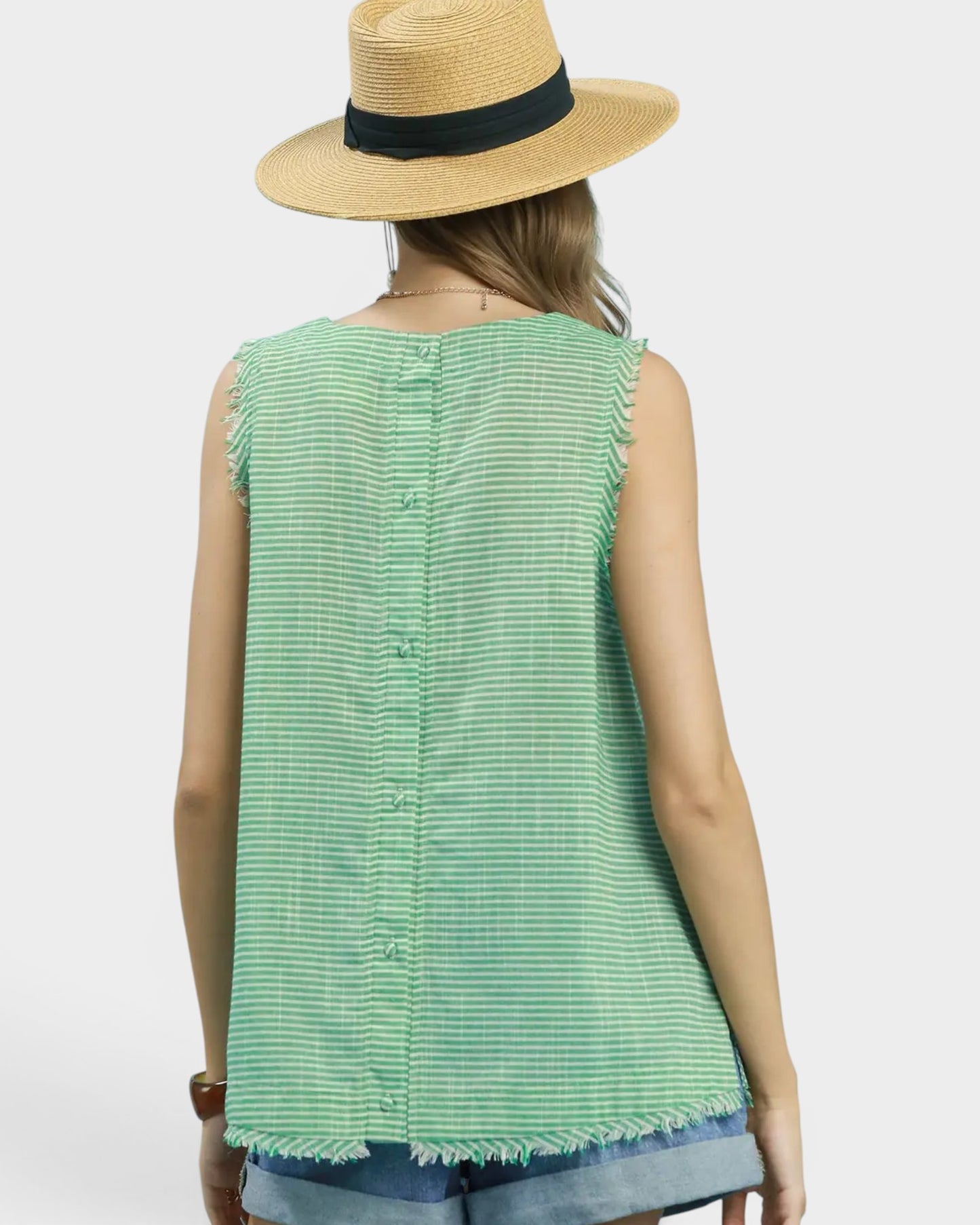 Green Stripe Linen Blend Sleeveless Top