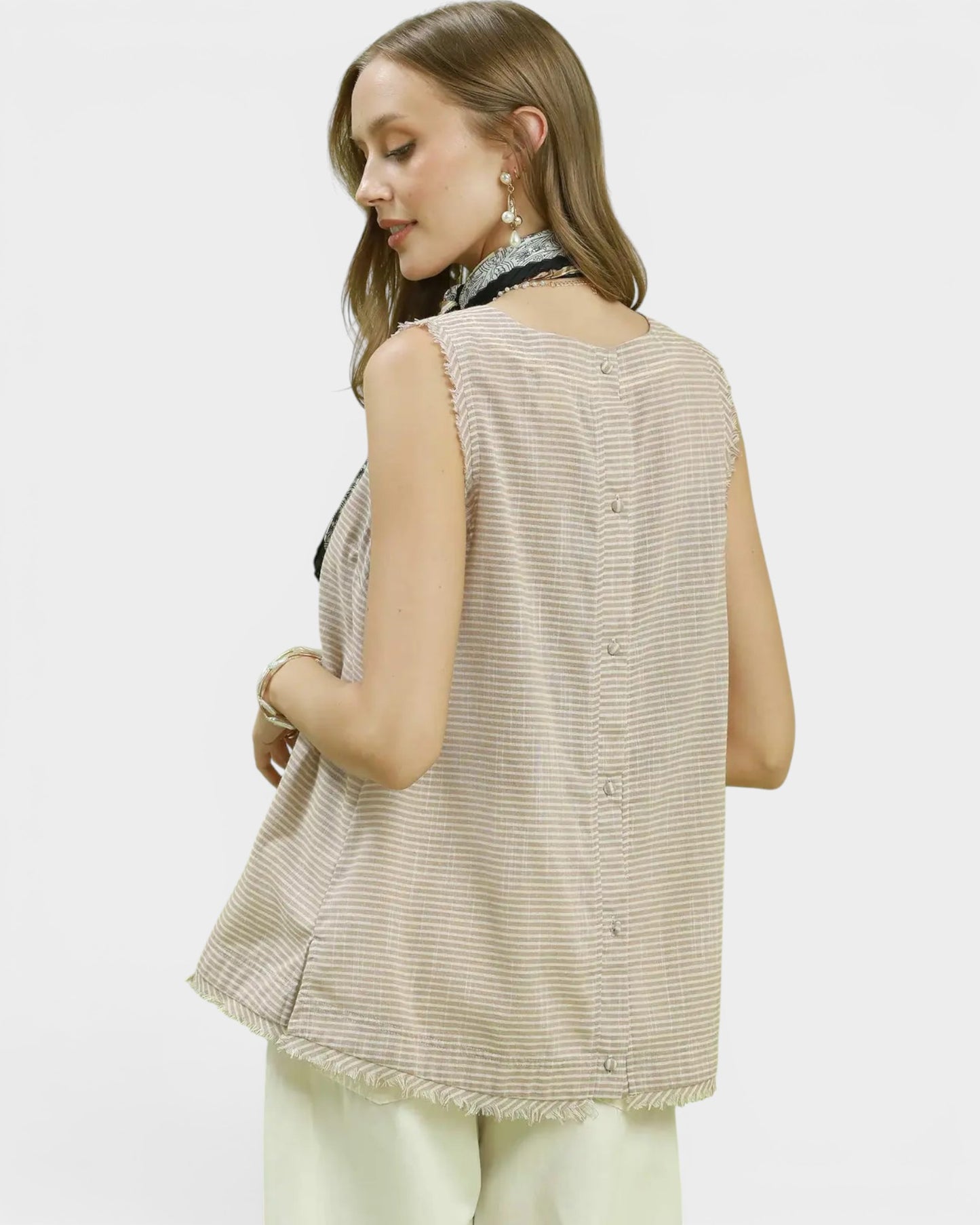 Taupe Stripe Linen Blend Sleeveless Top