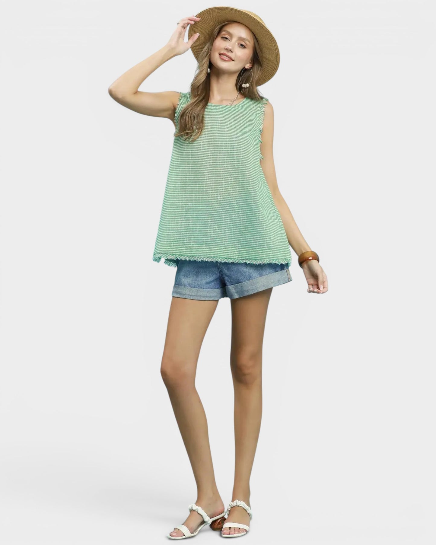 Green Stripe Linen Blend Sleeveless Top