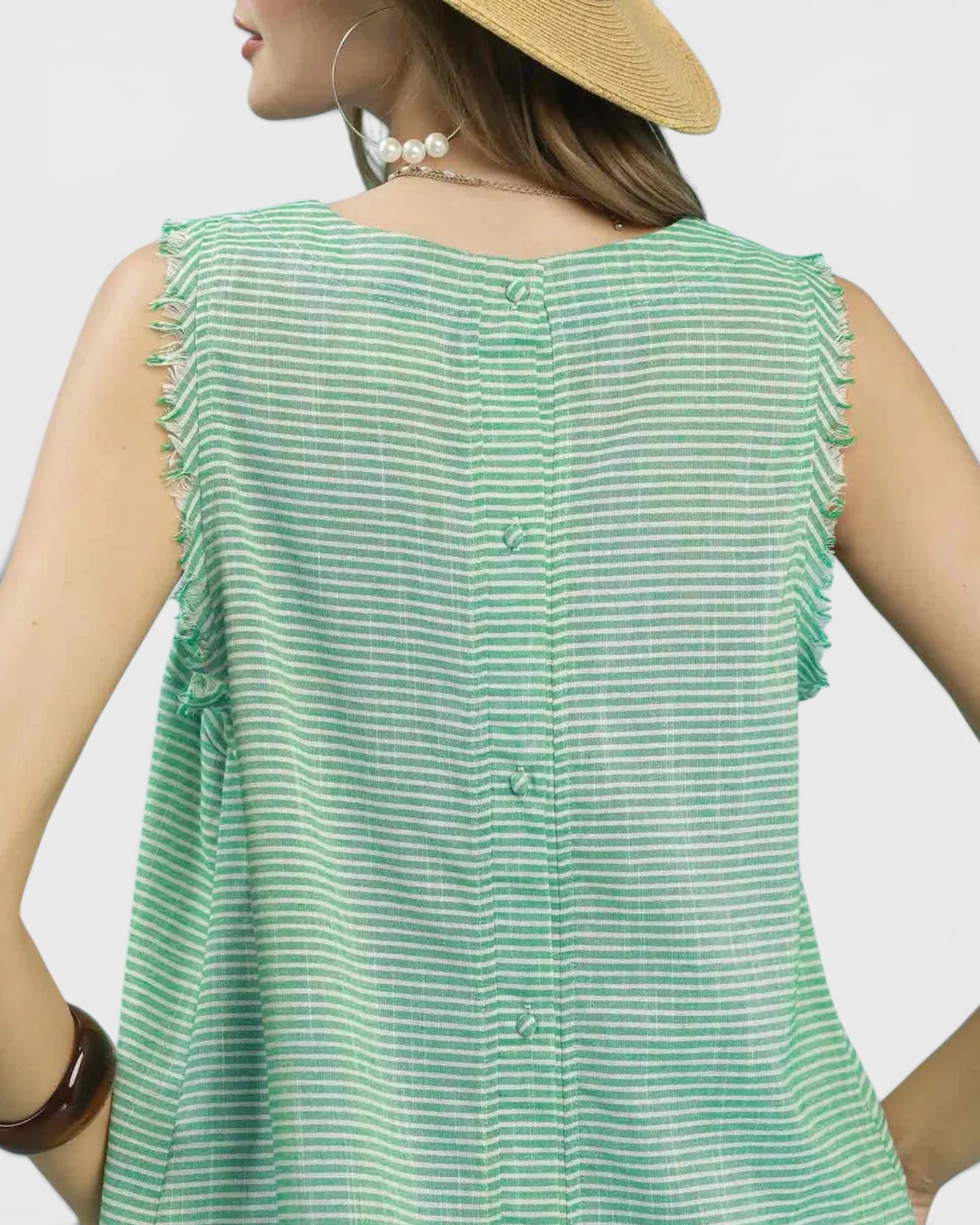 Green Stripe Linen Blend Sleeveless Top