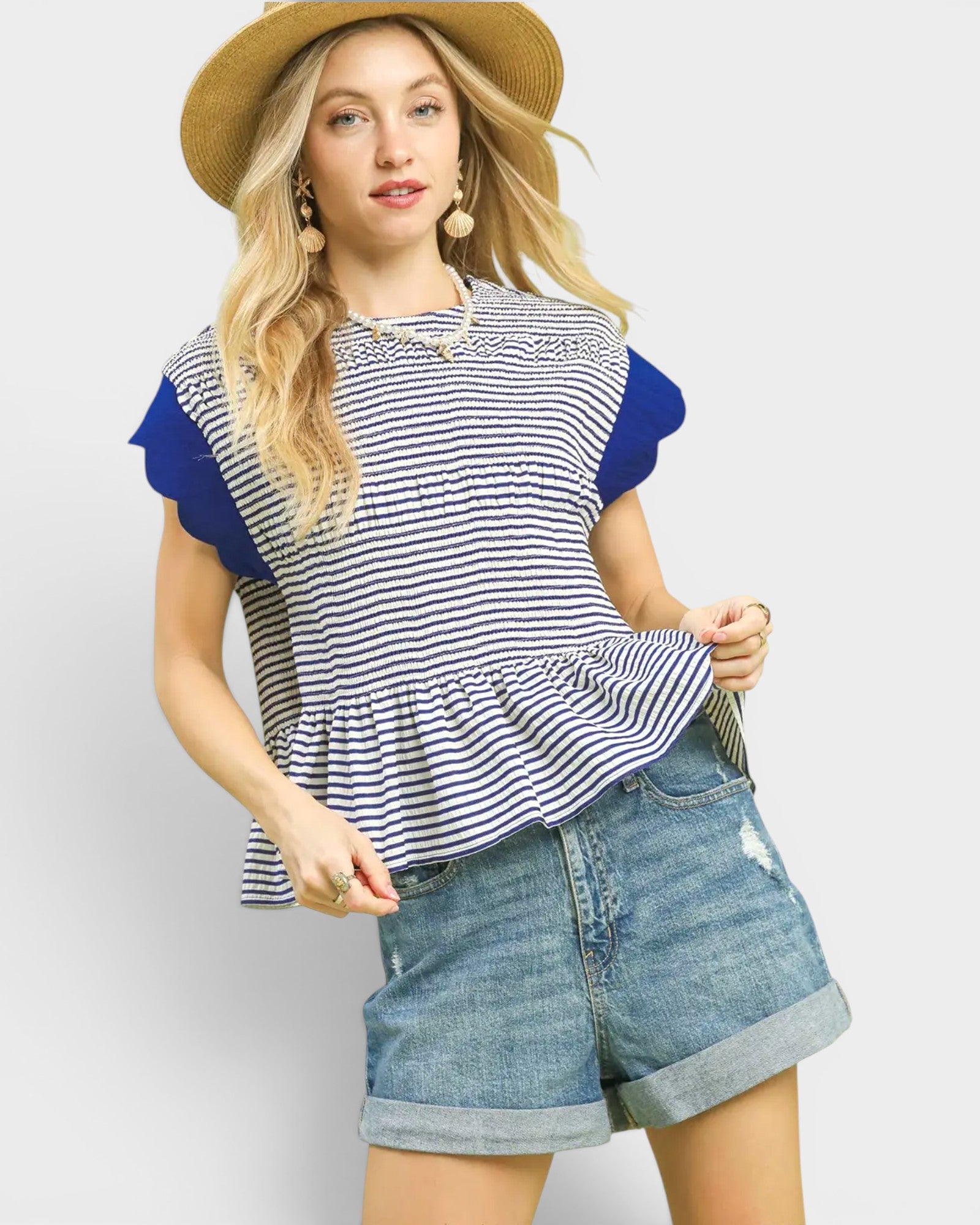 Ocean Stripe Ruffle Sleeve Peplum Top