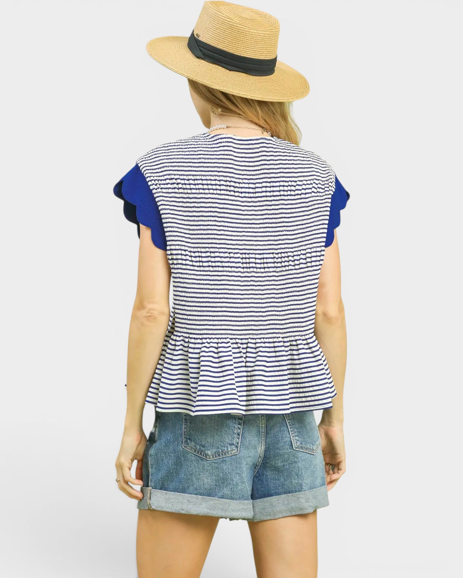 Ocean Stripe Ruffle Sleeve Peplum Top