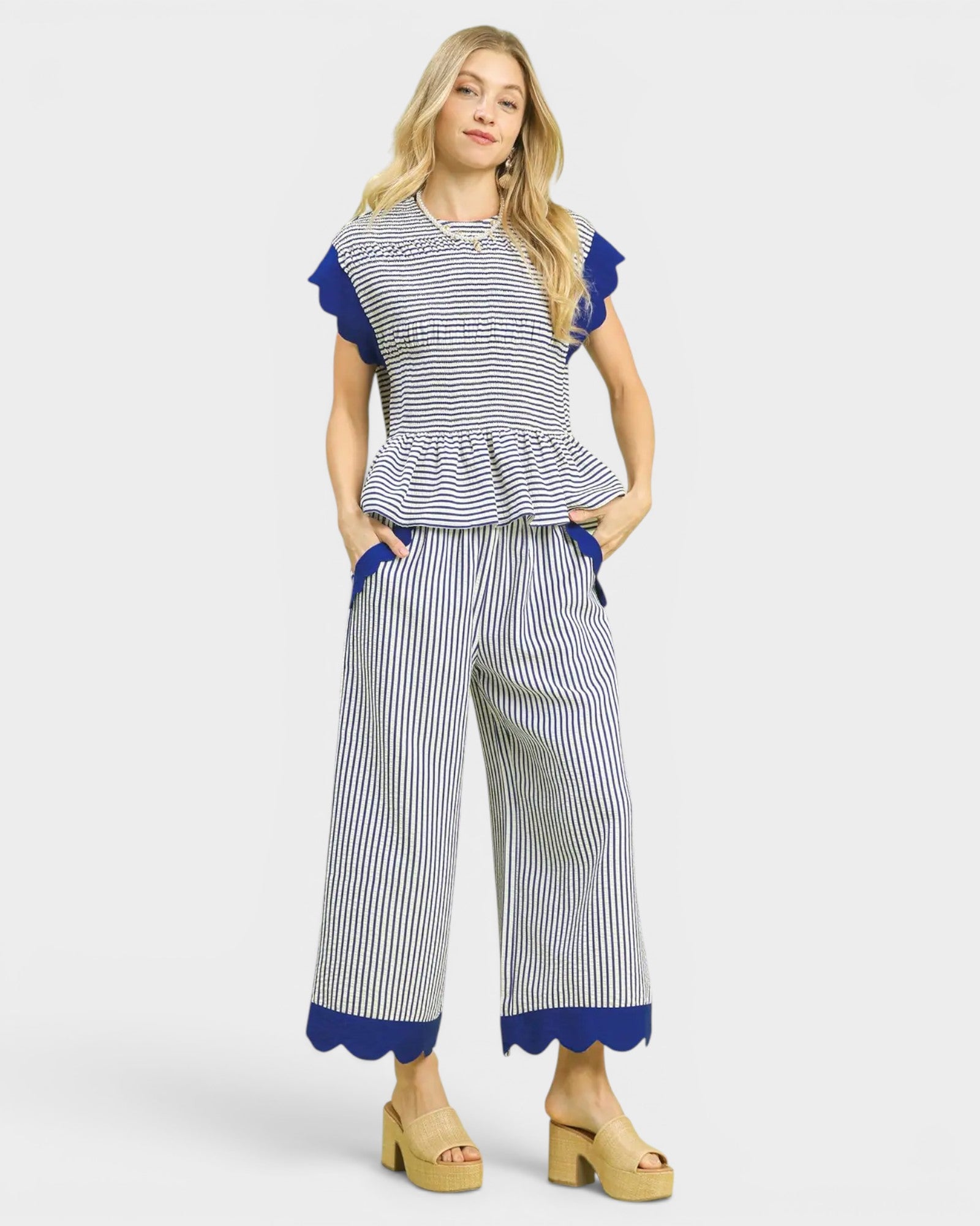 Ocean Stripe Ruffle Sleeve Peplum Top
