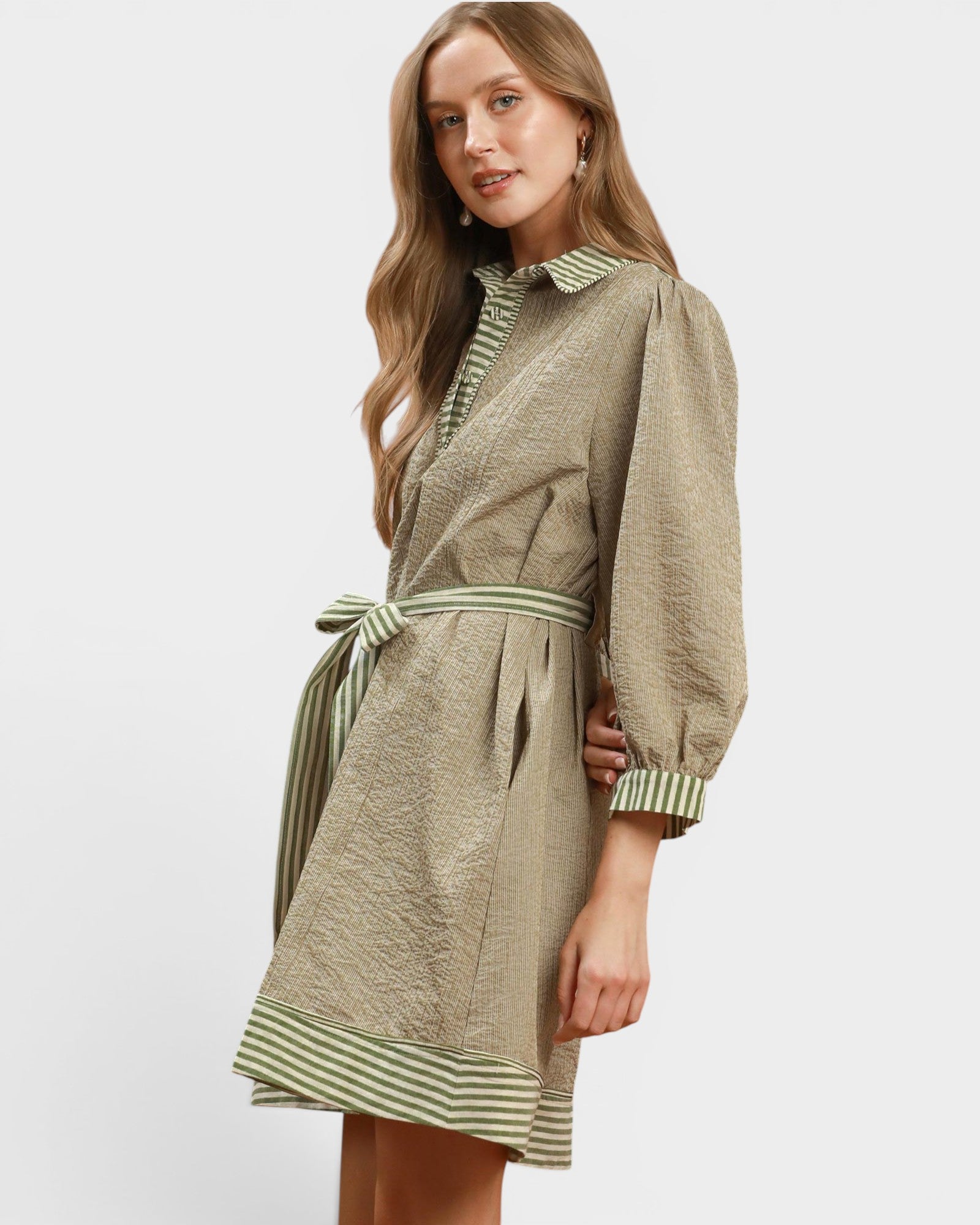 Olive Striped Tie Waist Mini Dress