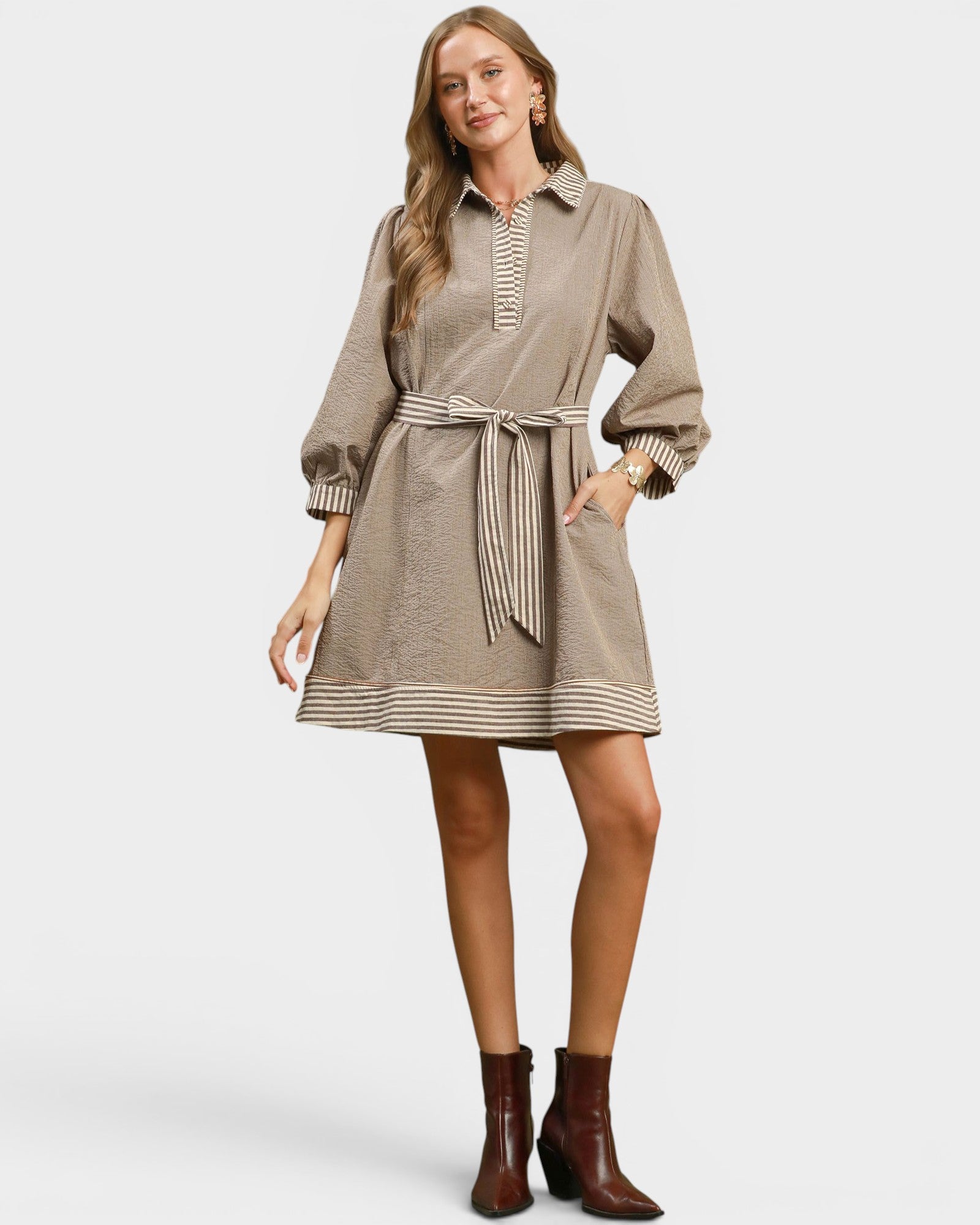 Brown Striped Tie Waist Mini Dress