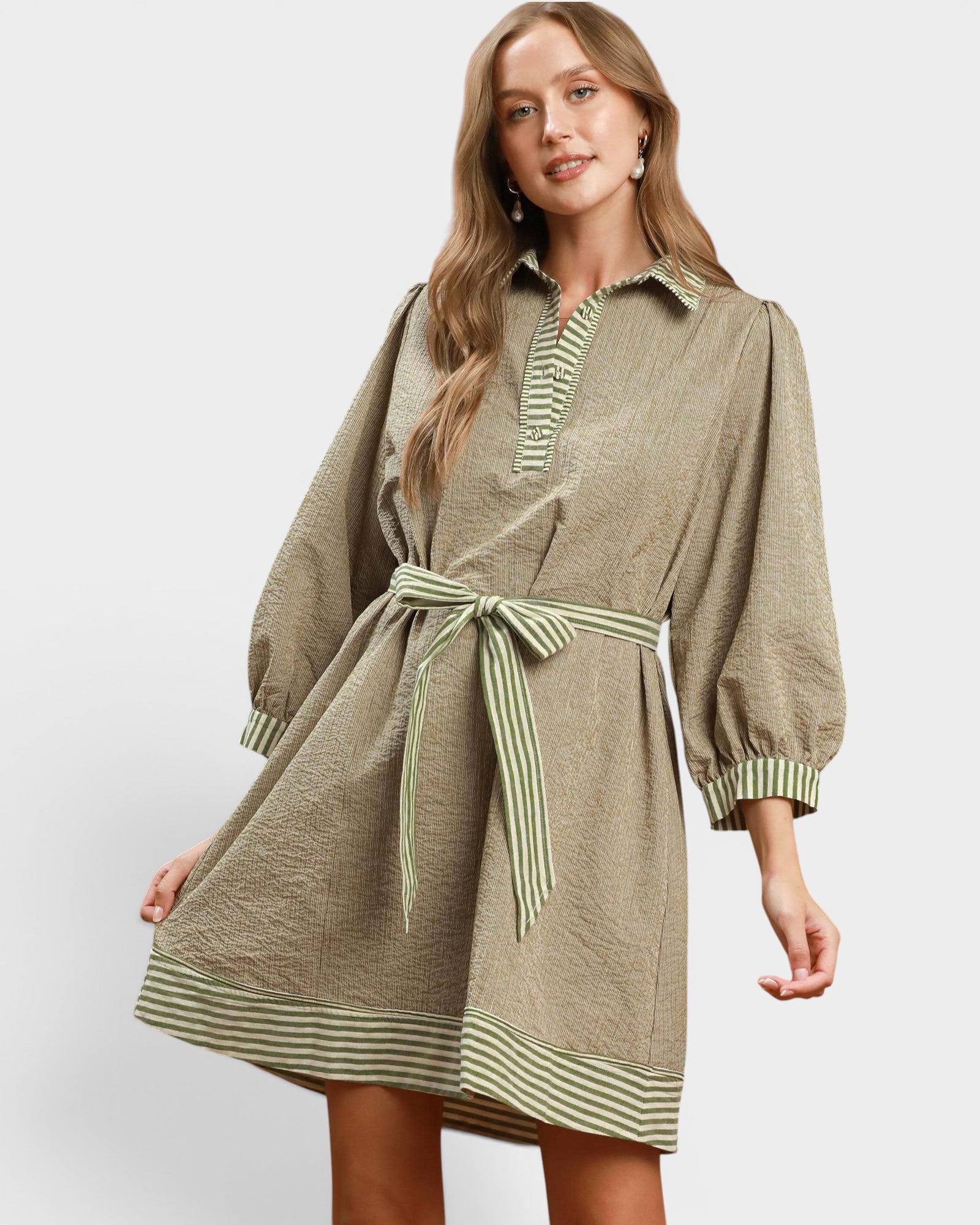 Olive Striped Tie Waist Mini Dress