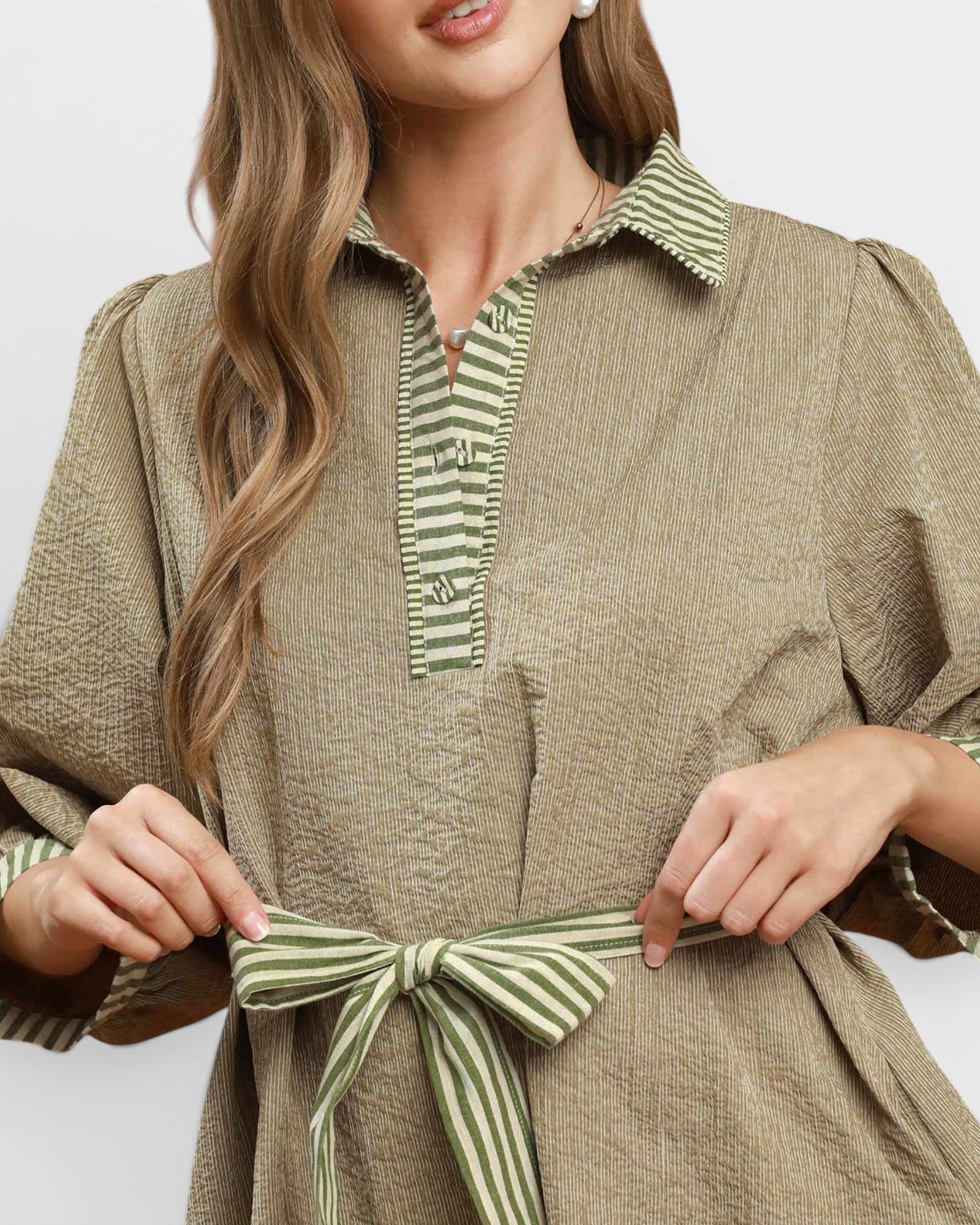 Olive Striped Tie Waist Mini Dress