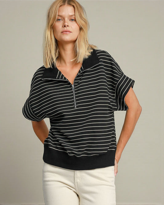 Black & Ivory Striped Half-Zip Short Sleeve Pullover