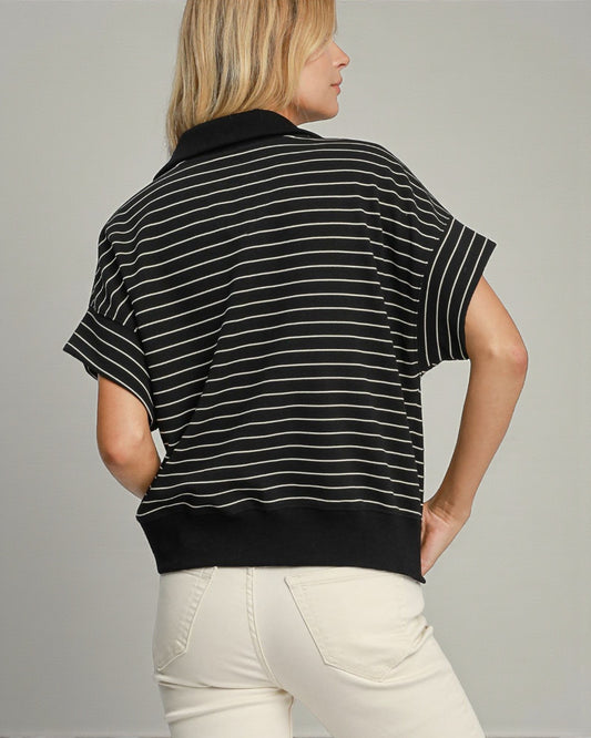 Black & Ivory Striped Half-Zip Short Sleeve Pullover