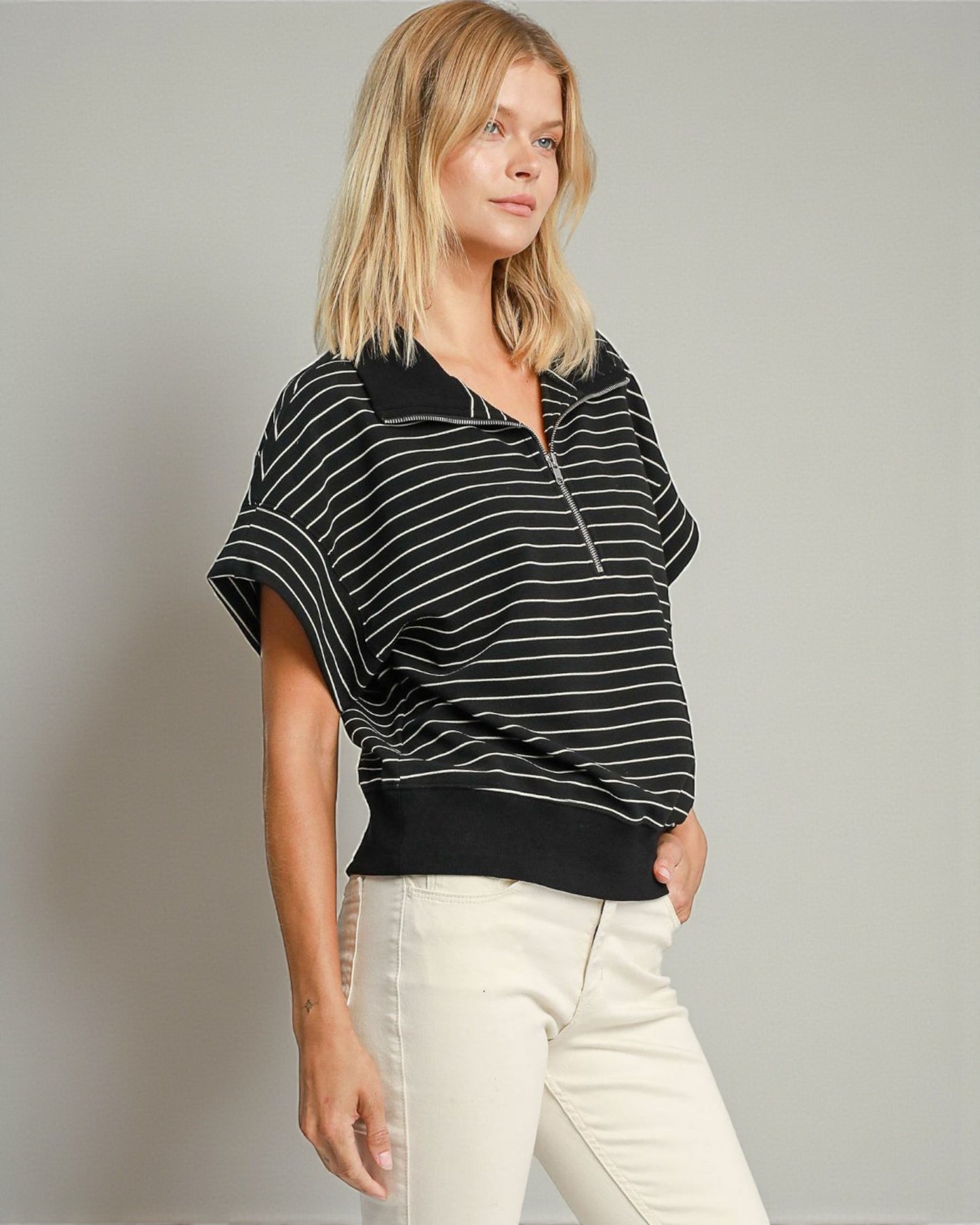 Black & Ivory Striped Half-Zip Short Sleeve Pullover