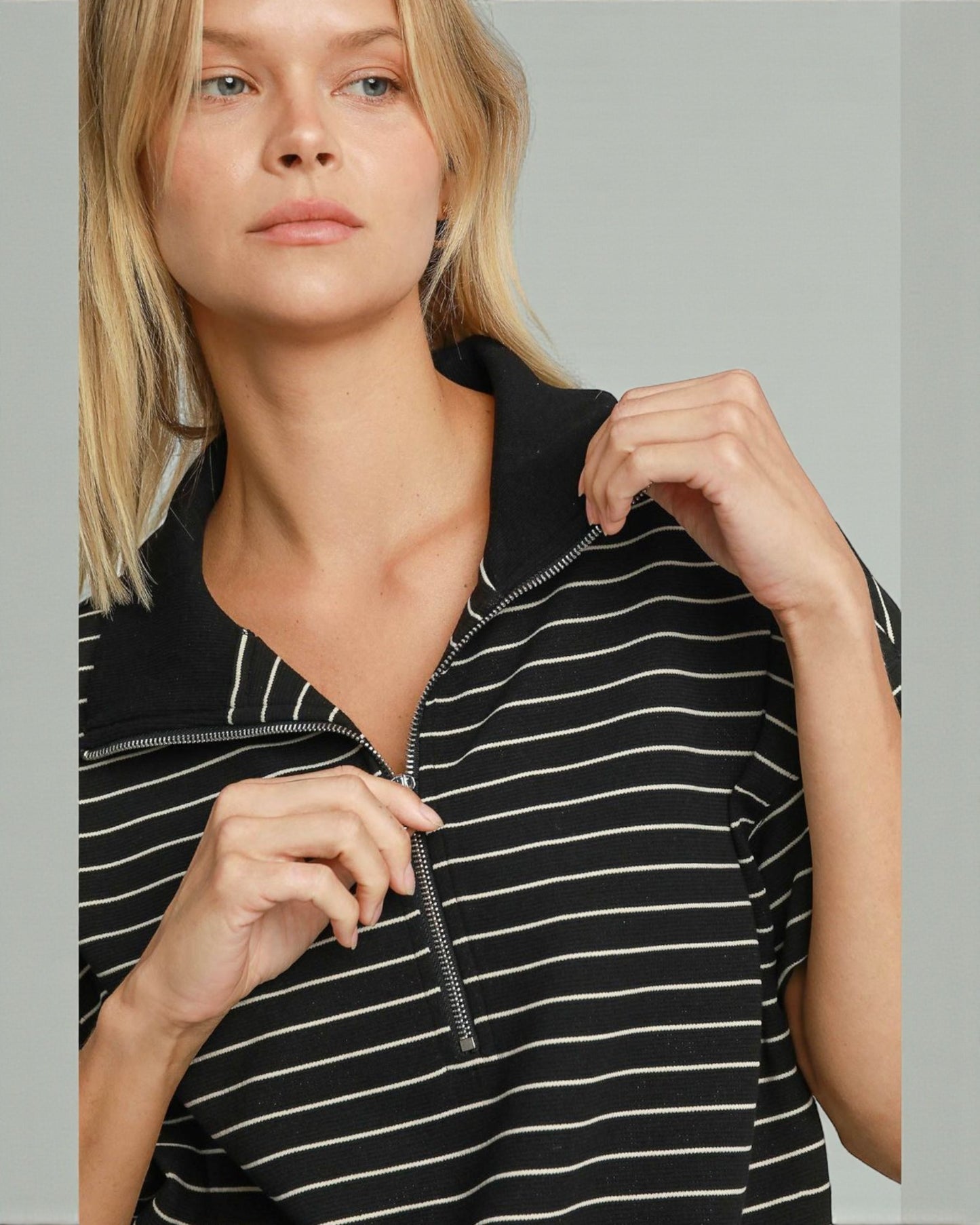Black & Ivory Striped Half-Zip Short Sleeve Pullover