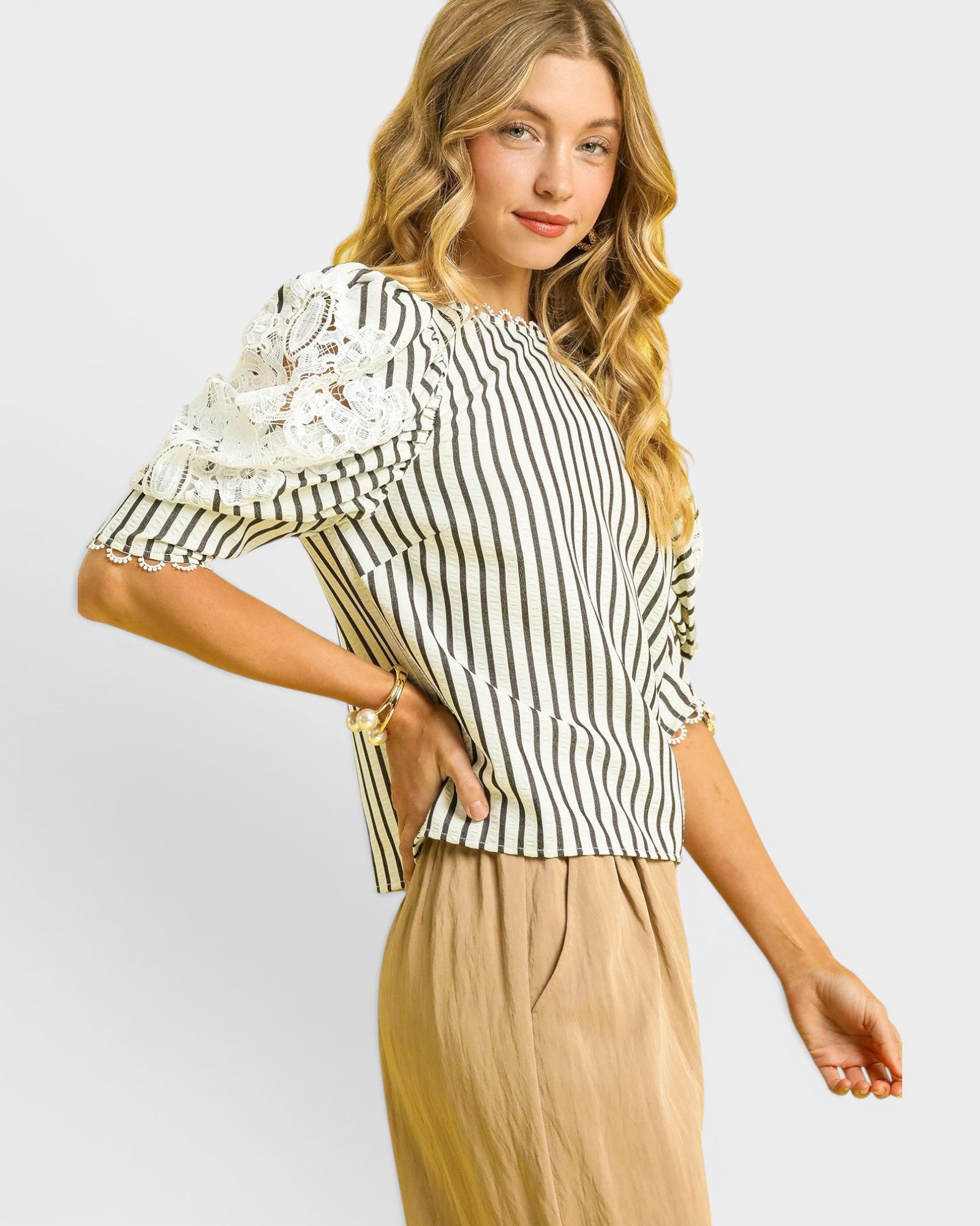 Ivory & Charcoal Striped Lace Sleeve Blouse