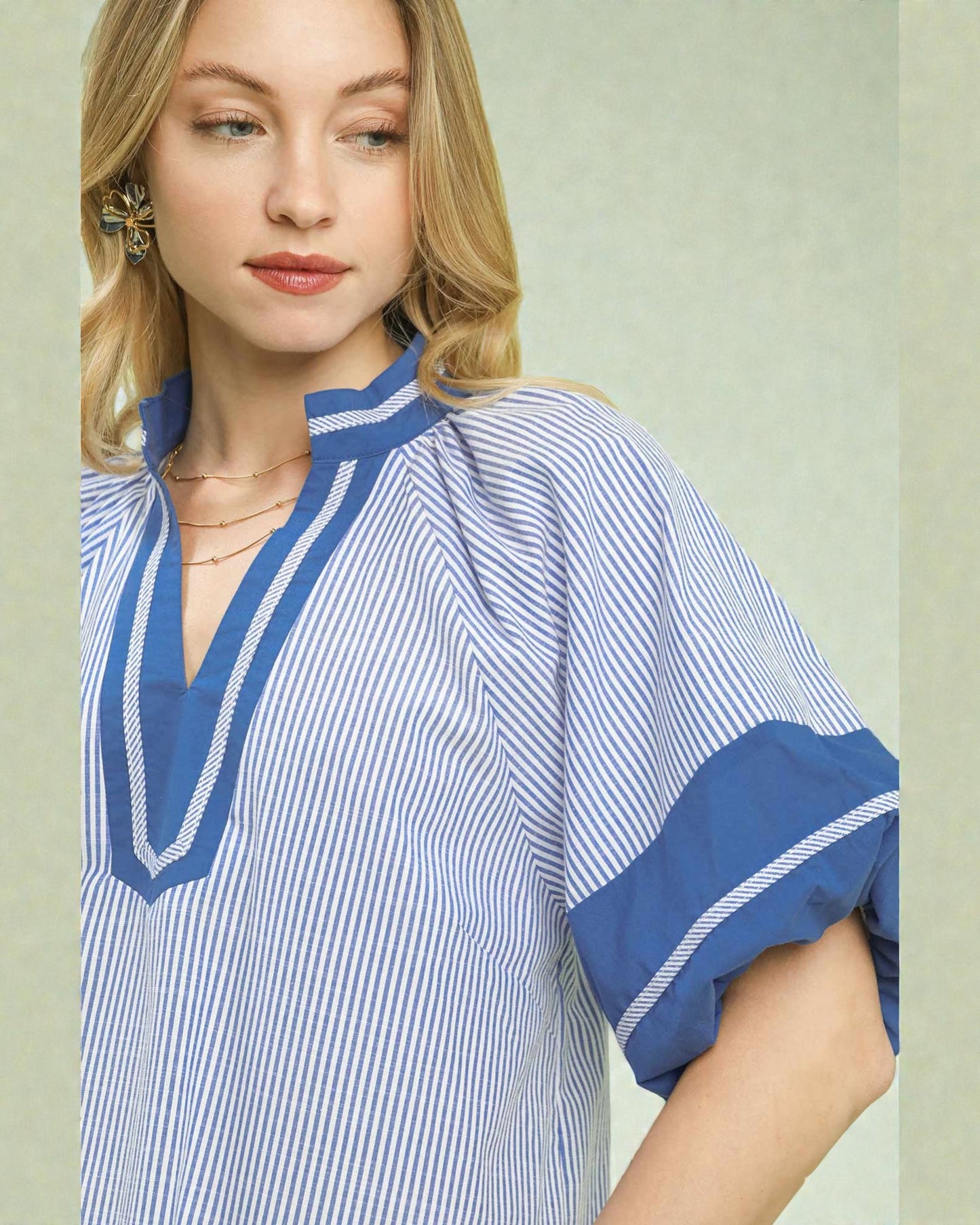 Blue & White Stripe Mandarin Neck Blouse
