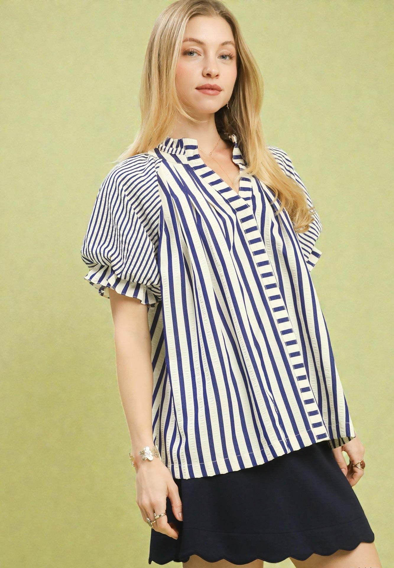 Cobalt & Ivory Striped Ruffle Sleeve Split Neck Blouse