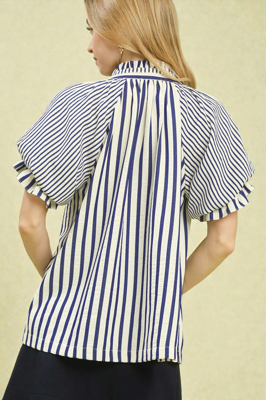 Cobalt & Ivory Striped Ruffle Sleeve Split Neck Blouse