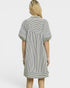 Woman wearing a striped dress on a white background