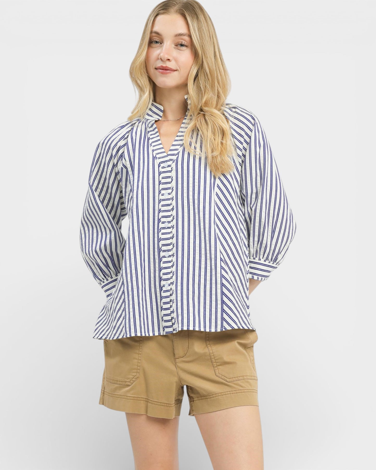 Blue & Ivory Striped V-Neck Button Detail Top