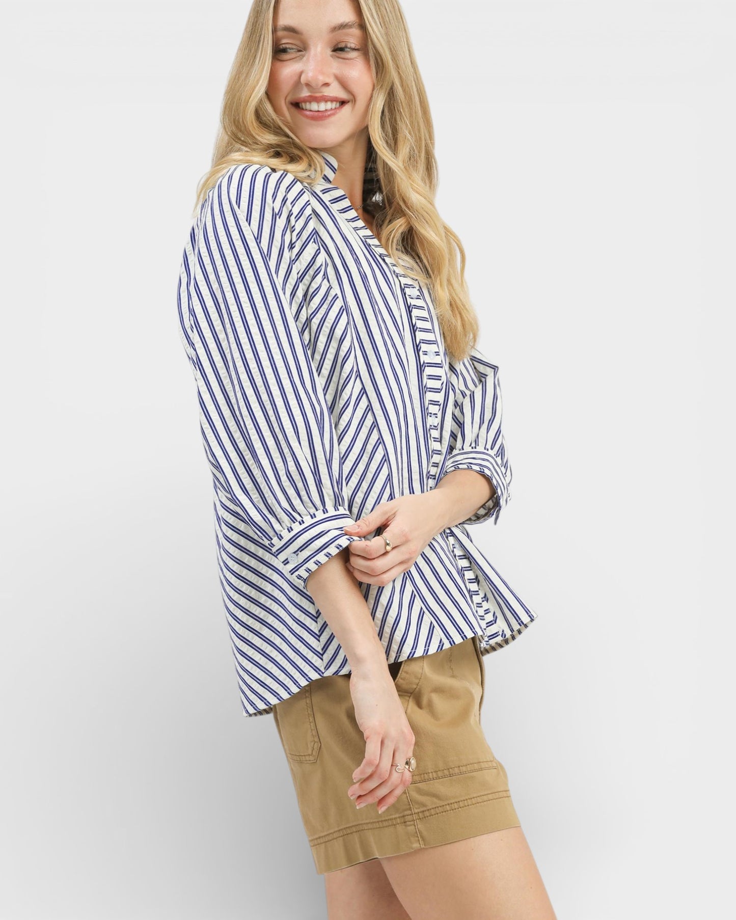 Blue & Ivory Striped V-Neck Button Detail Top
