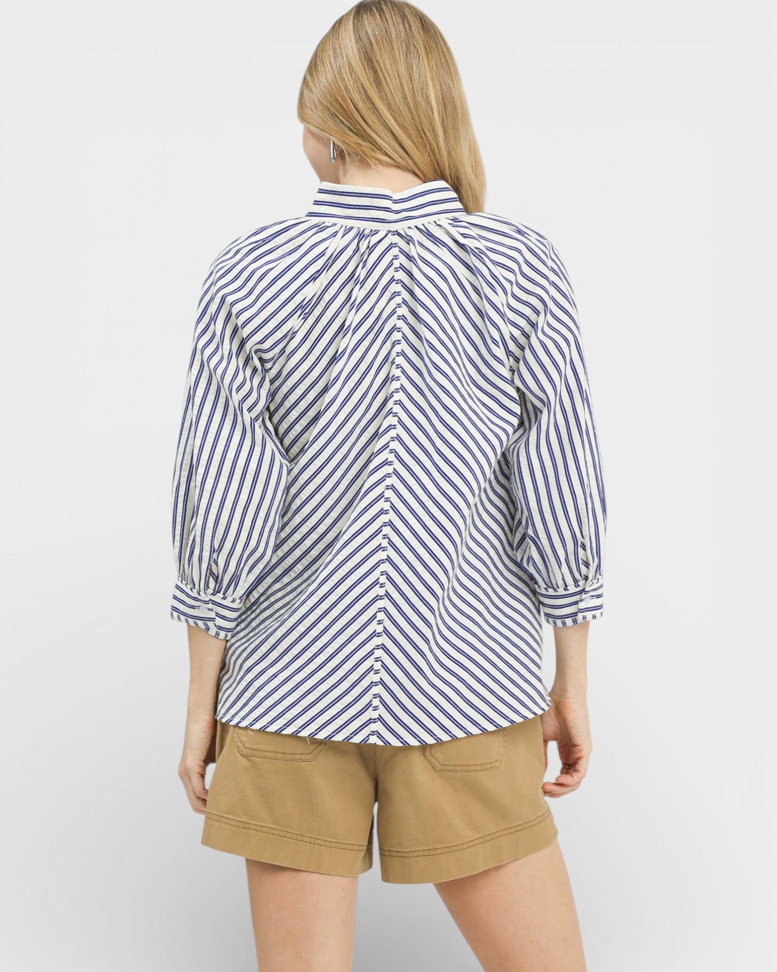 Blue & Ivory Striped V-Neck Button Detail Top