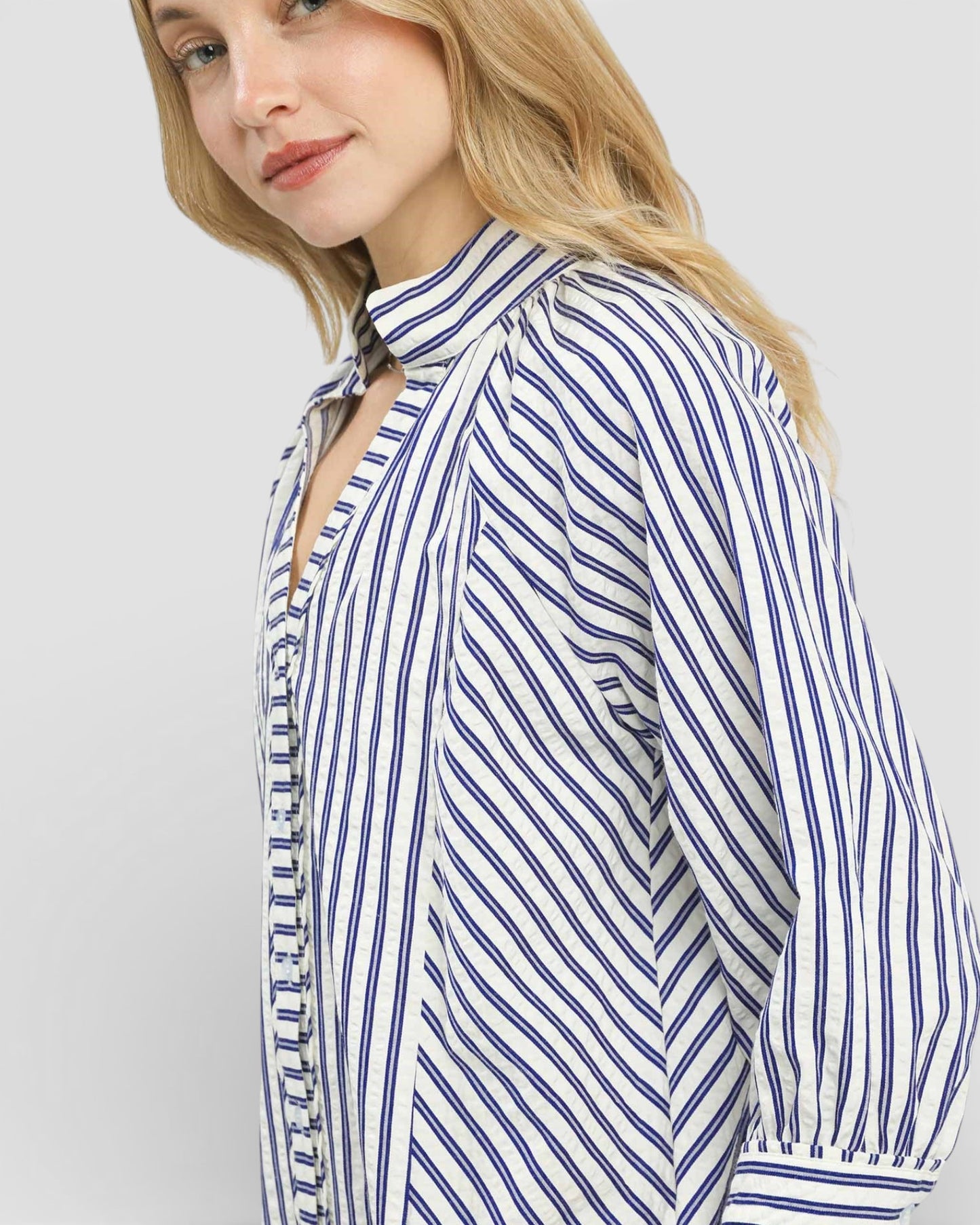 Blue & Ivory Striped V-Neck Button Detail Top