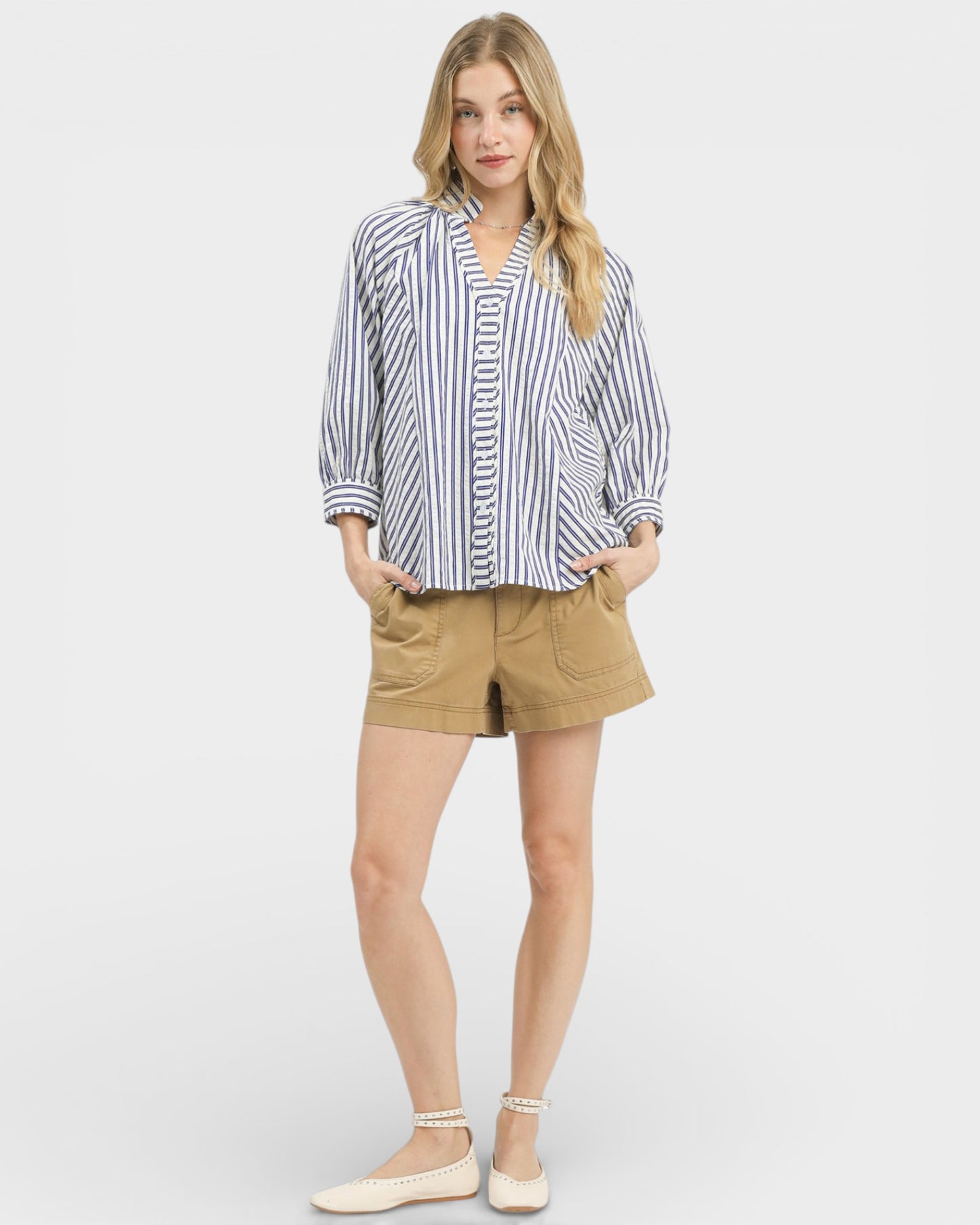 Blue & Ivory Striped V-Neck Button Detail Top
