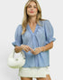 Dusty Blue Puff Sleeve Button Blouse