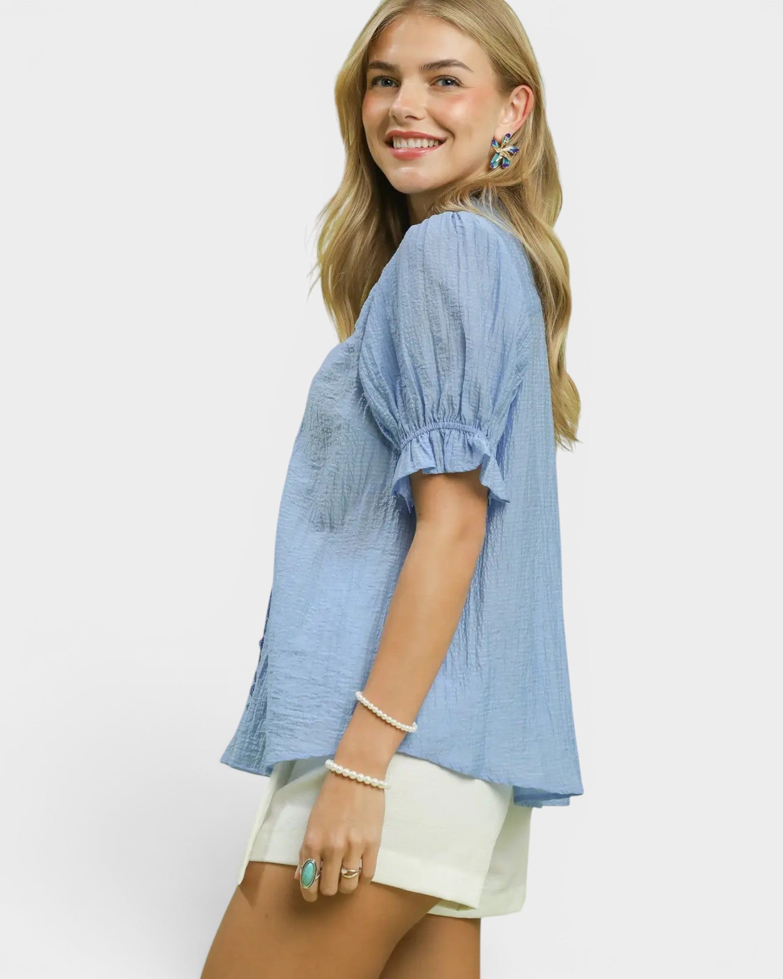 Dusty Blue Puff Sleeve Button Blouse