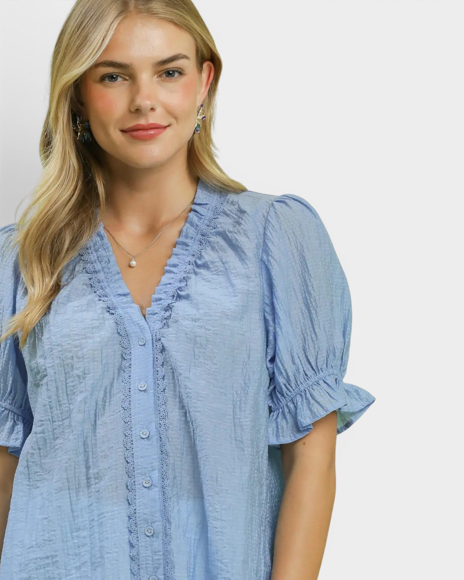 Dusty Blue Puff Sleeve Button Blouse