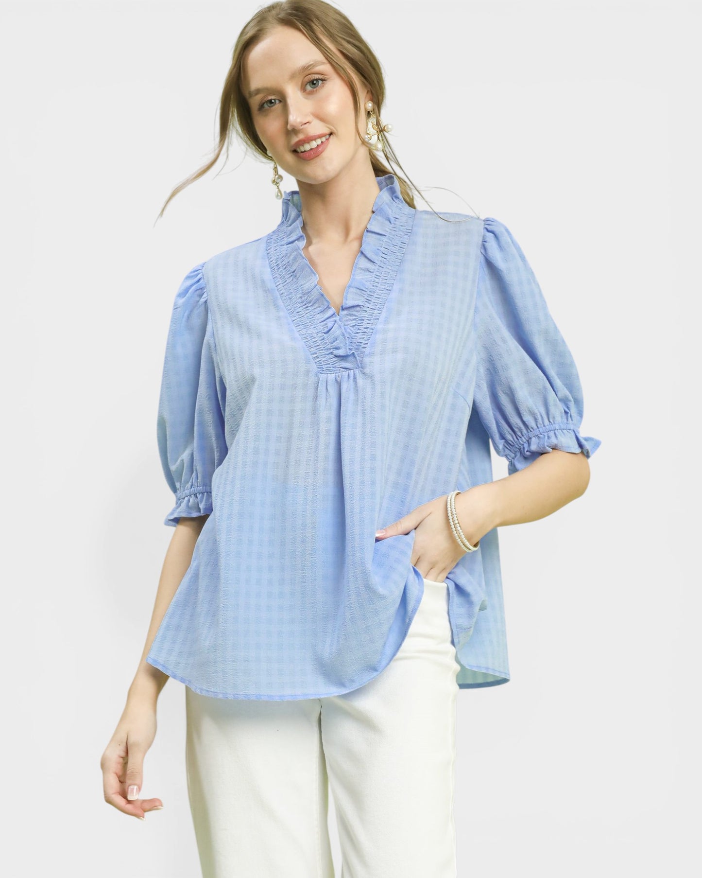 Light Blue Gingham Ruffle Neck Blouse