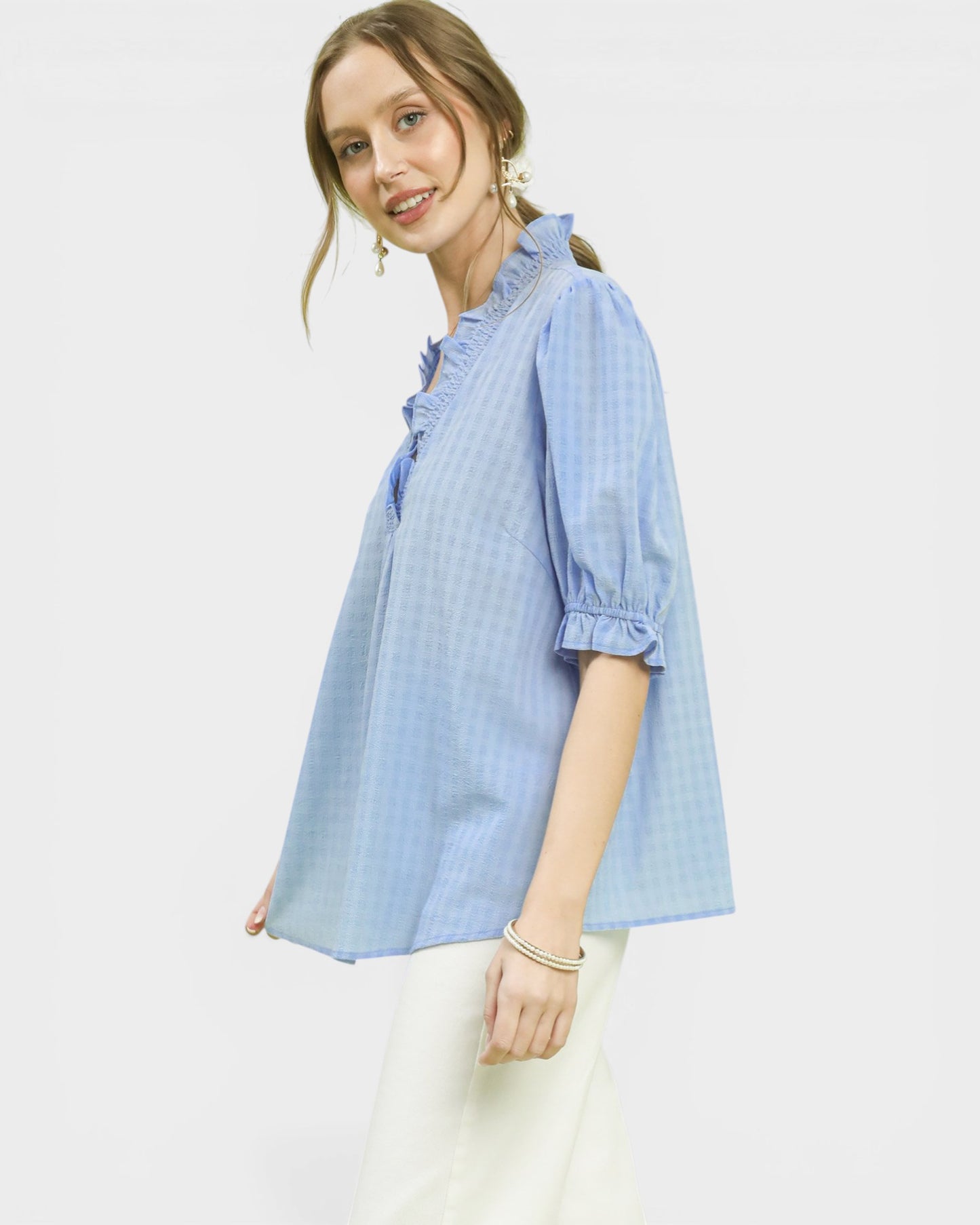Light Blue Gingham Ruffle Neck Blouse