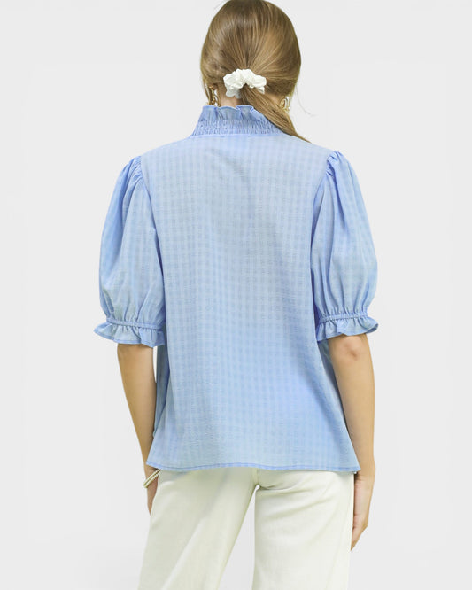 Light Blue Gingham Ruffle Neck Blouse