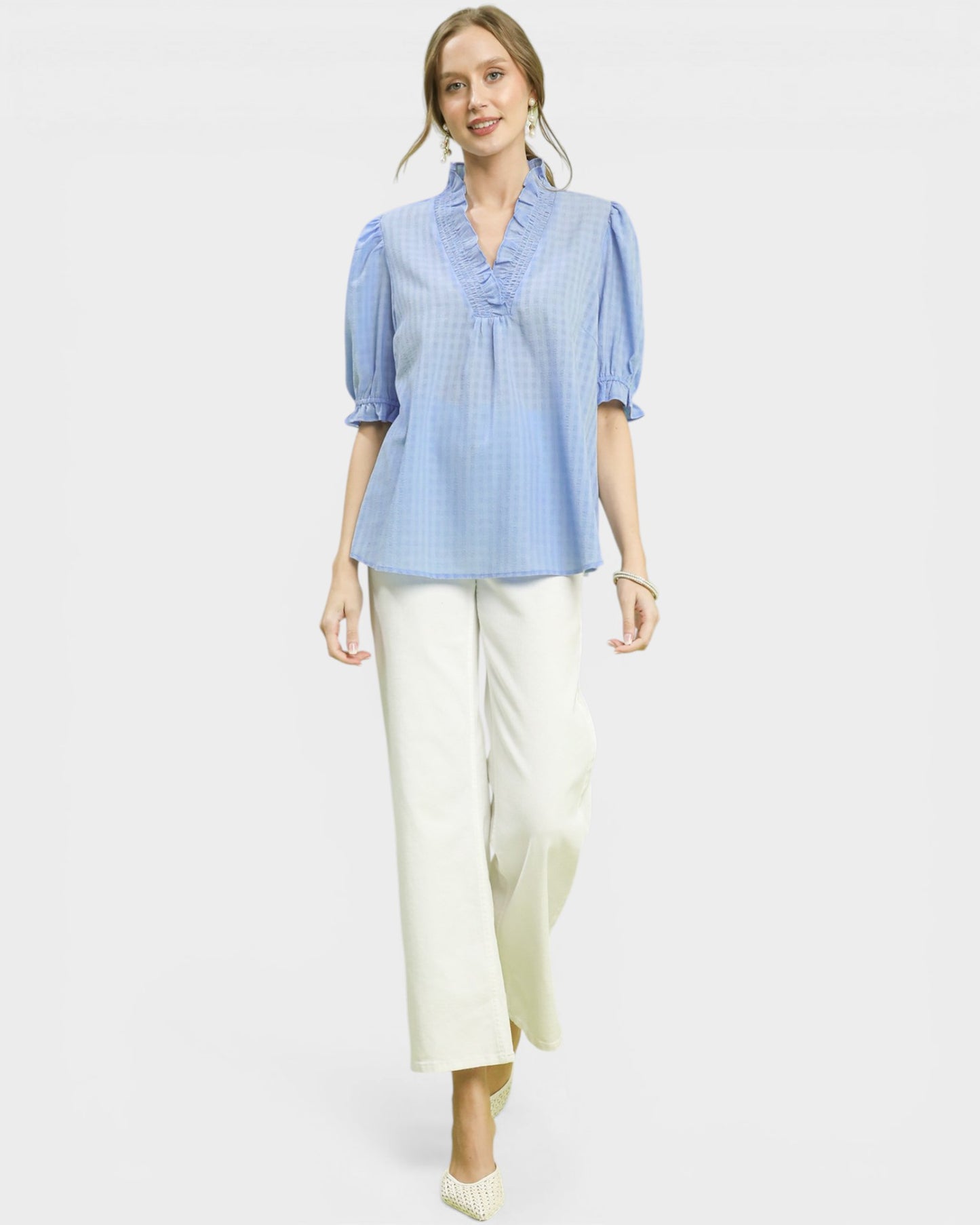 Light Blue Gingham Ruffle Neck Blouse