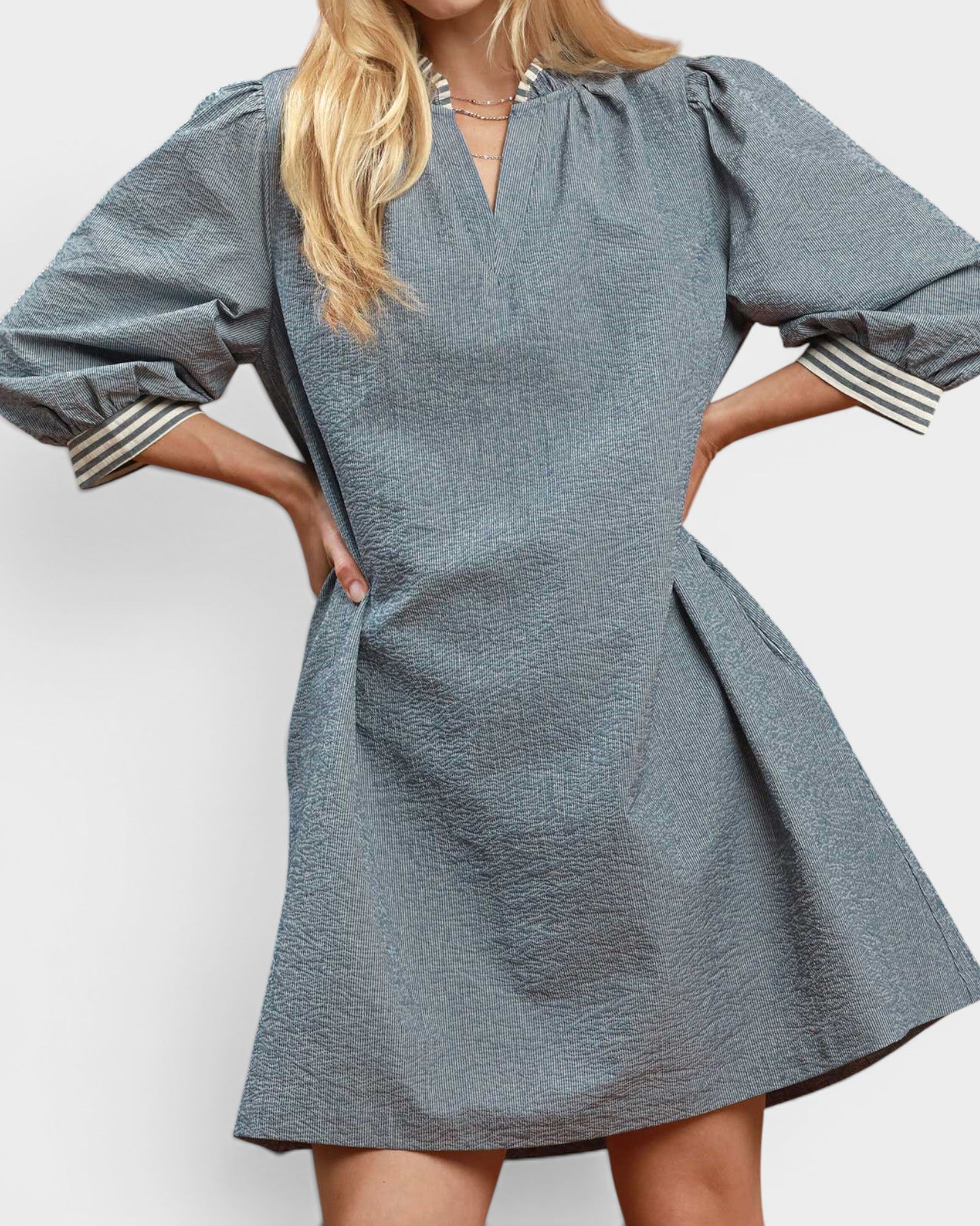 Denim Blue Striped Tie Waist Mini Dress
