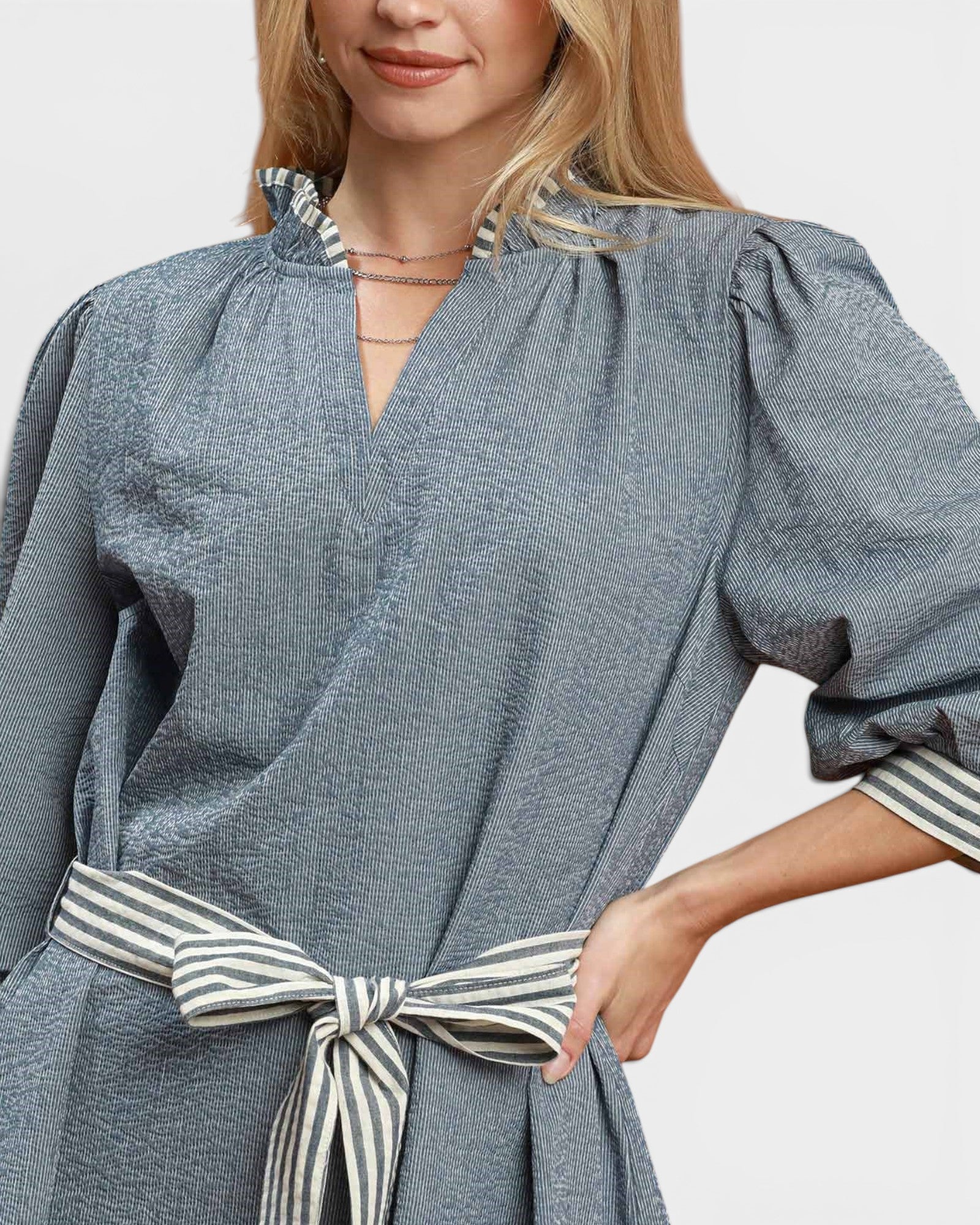 Denim Blue Striped Tie Waist Mini Dress
