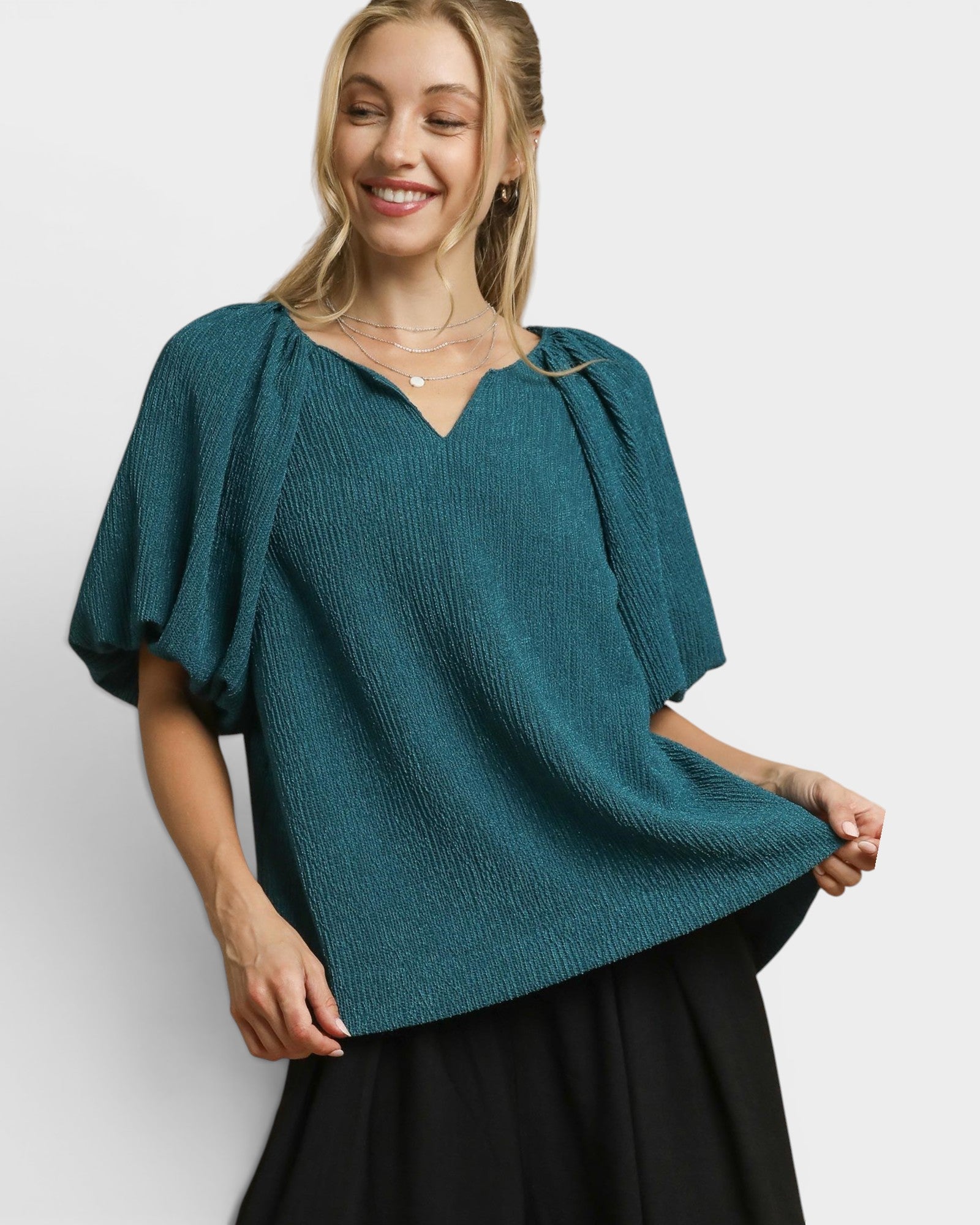 Teal Textured Puff Sleeve Top