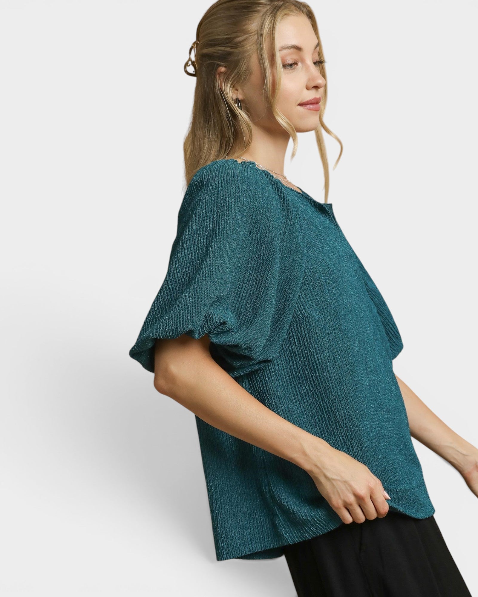 Teal Textured Puff Sleeve Top