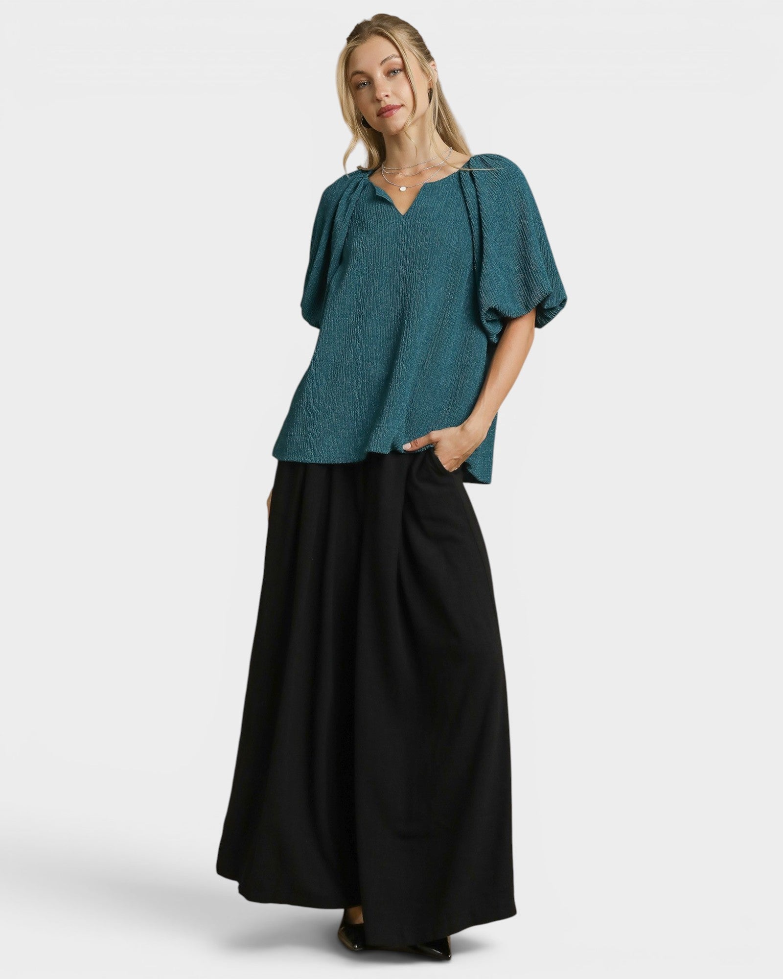 Teal Textured Puff Sleeve Top