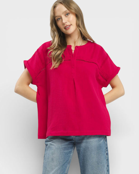 Raspberry Cotton Gauze Split Neck Blouse