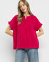 Raspberry Cotton Gauze Split Neck Blouse