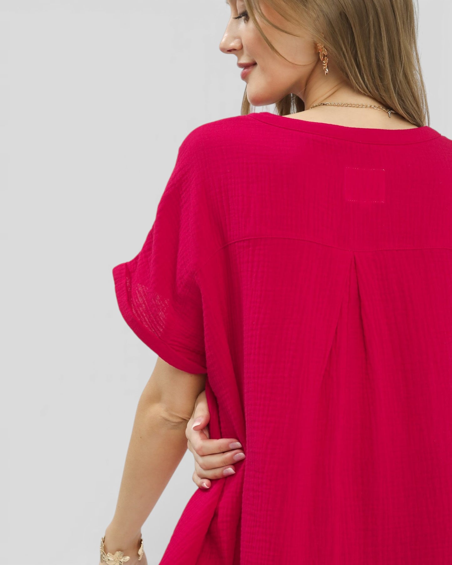 Raspberry Cotton Gauze Split Neck Blouse