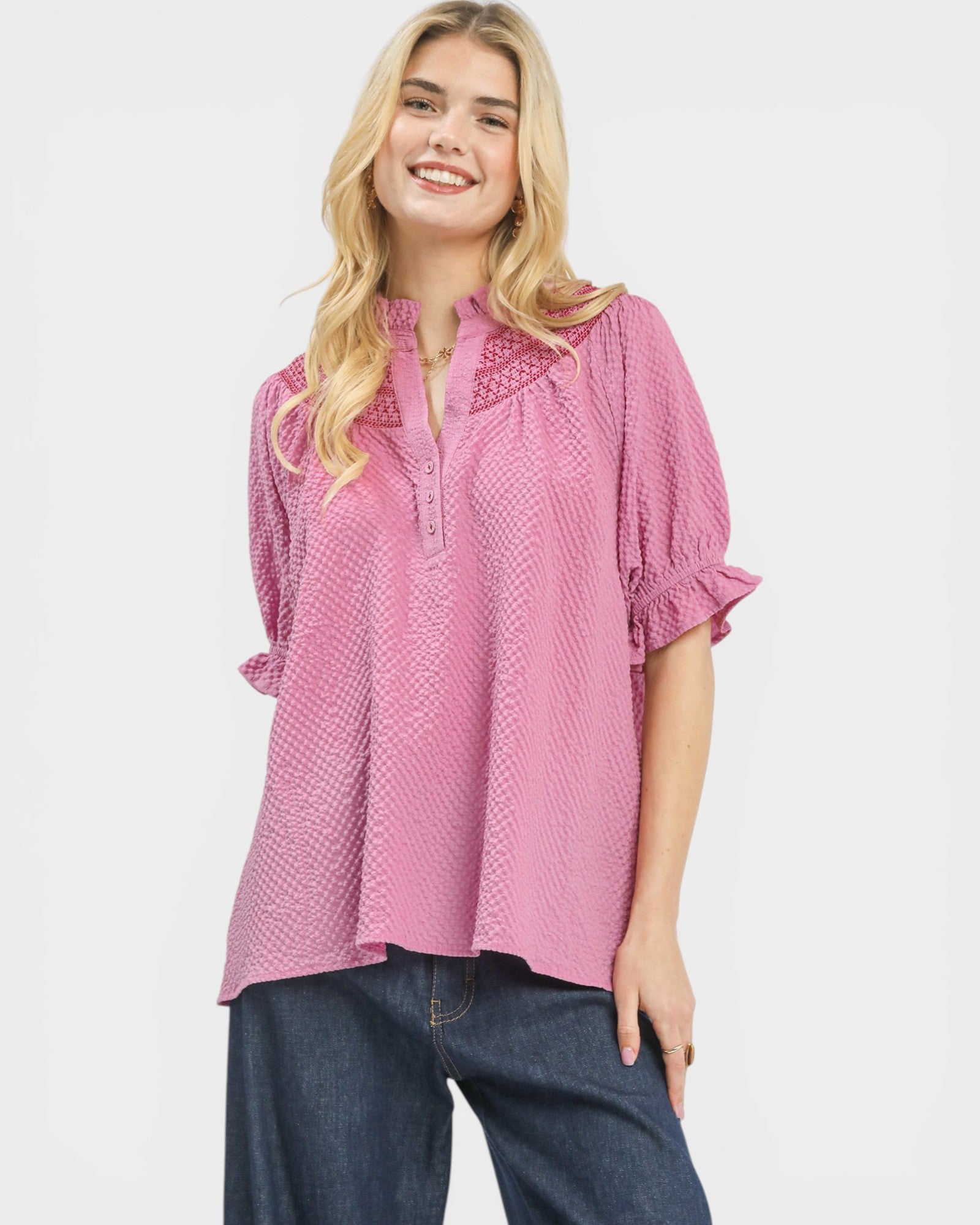 Dusty Pink Embroidered Yoke Textured Blouse