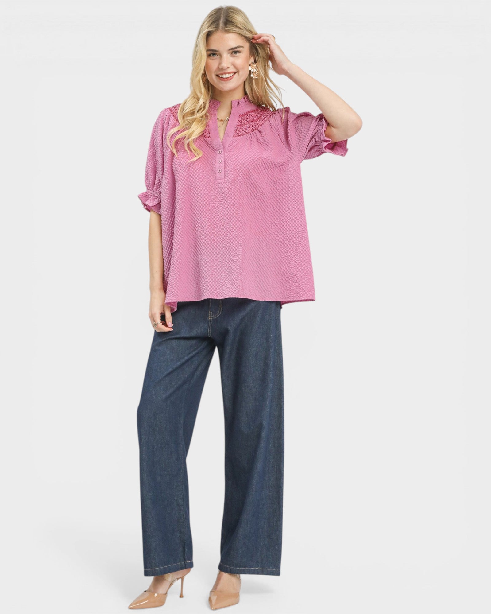 Dusty Pink Embroidered Yoke Textured Blouse