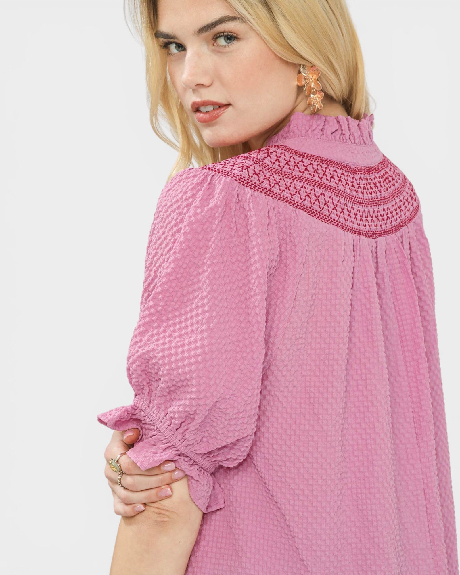 Dusty Pink Embroidered Yoke Textured Blouse