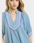 Woman wearing a blue dress with white trim on a plain background