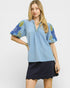 Woman wearing a blue embroidered top with a plain background