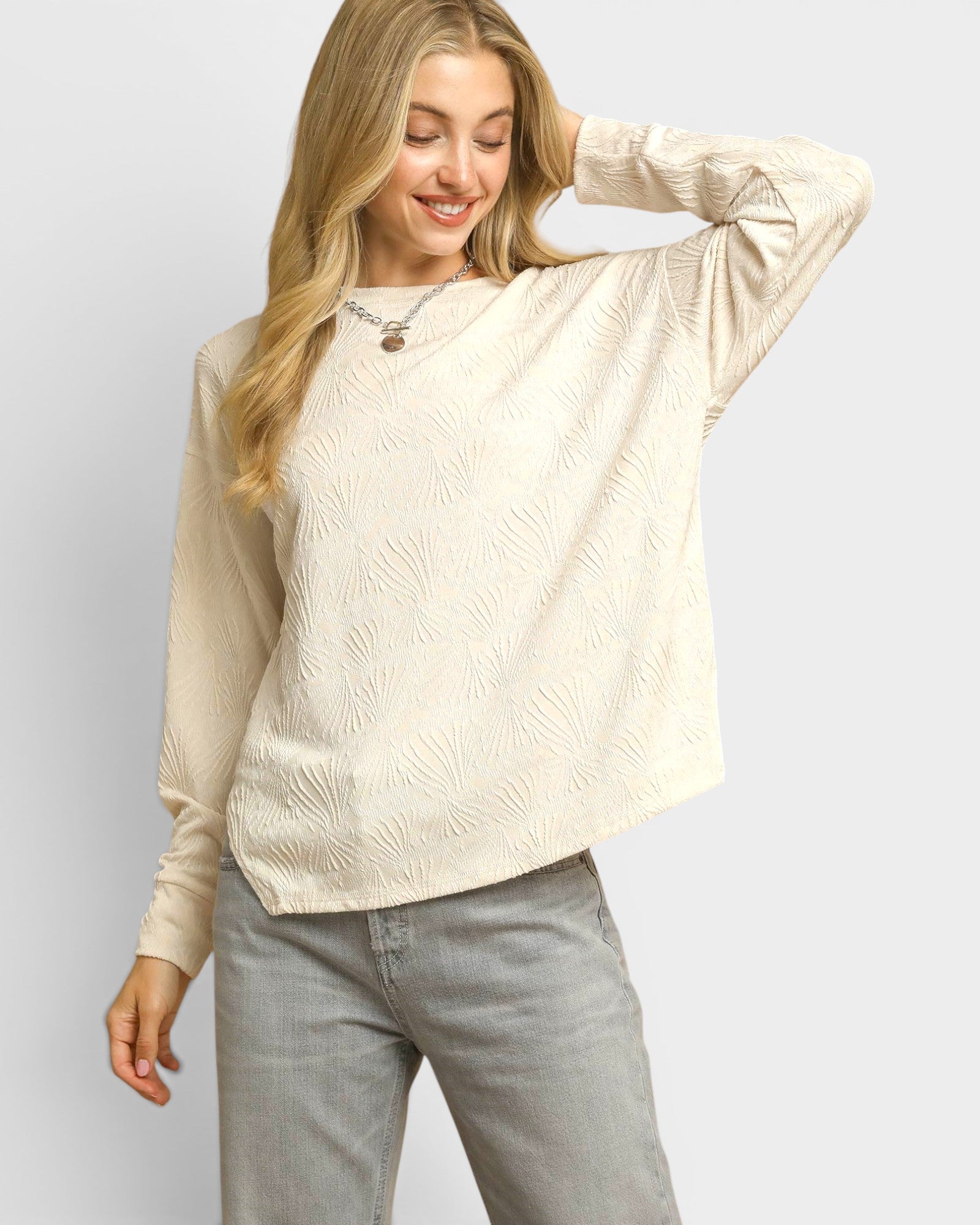 Ivory Textured Leaf Long Sleeve Top